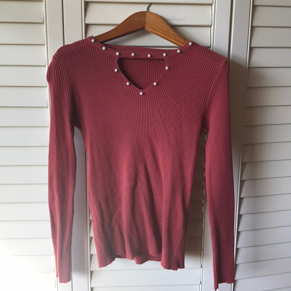 Unique Fitted Orange-y Brown Bedazzled Sweater